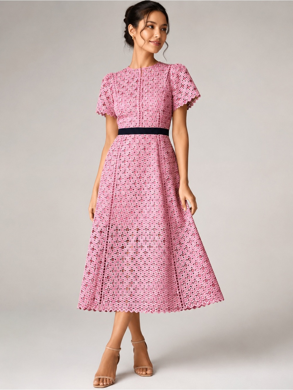 Pink Eyelet Midi Dress with Black Waistband